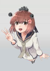 Rule 34 | 1girl, absurdres, breasts, brown eyes, brown hair, cherry blossoms, dress, flower, from above, grey neckerchief, hair flower, hair ornament, highres, kantai collection, long sleeves, neckerchief, open mouth, round teeth, sailor dress, short hair, small breasts, solo, speaking tube headset, teeth, upper teeth only, v, white dress, yukikaze (kancolle), yukikaze kai ni (kancolle), yuushou