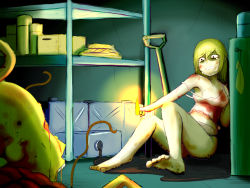 Rule 34 | 1girl, bad id, bad pixiv id, barefoot, blonde hair, blood, camisole, constricted pupils, crying, crying with eyes open, head spider, lighter, monster, off shoulder, oil, okahi, original, scared, short hair, solo focus, storage room, tears, the thing, the thing (creature), zippo lighter
