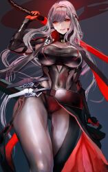 Rule 34 | 1girl, black bodysuit, bodysuit, breasts, covered navel, gluteal fold, goddess of victory: nikke, grey bodysuit, grey hair, grin, holding, holding sword, holding weapon, kyel hyde, large breasts, long hair, looking at viewer, parted lips, red eyes, scarlet (nikke), skin tight, smile, solo, sword, weapon, weapon behind back