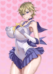 Rule 34 | 1girl, blonde hair, blush, bodysuit, breasts, choker, covering privates, covering breasts, earrings, gloves, hand on own chest, highres, honjou raita, impossible clothes, jewelry, large breasts, looking at viewer, miniskirt, navel, purple eyes, ribbon, sailor uniform, sailor uranus, see-through, see-through shirt, short hair, skindentation, skirt, solo, standing, star (symbol), star choker, sweat, sweatdrop, tagme, ten&#039;ou haruka, tiara