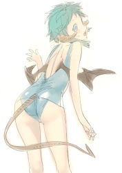 Rule 34 | 1girl, ass, bat wings, demon girl, green hair, horns, looking back, nishieda, one-piece swimsuit, short hair, simple background, sketch, solo, swimsuit, tail, wings