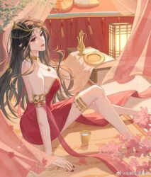 Rule 34 | 1girl, armlet, artist request, bare shoulders, bracelet, brown hair, cai lin (doupo cangqiong), closed mouth, collar, curtains, doupo cangqiong, dress, full body, hair ornament, highres, jewelry, long hair, metal collar, necklace, on floor, pointy ears, red dress, red eyes, second-party source, sitting, smile, solo, strapless, strapless dress, table, thighlet