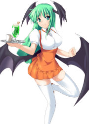 Rule 34 | 1girl, alternate costume, anna miller, breasts, capcom, cup, demon wings, dress, glass, green eyes, green hair, head wings, impossible clothes, impossible shirt, large breasts, low wings, morrigan aensland, mug, nishiumi yuuta, orange dress, orange skirt, shirt, skirt, smile, thighhighs, tray, vampire (game), waitress, white thighhighs, wings