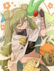 Rule 34 | 1girl, bandaged arm, bandages, brooch, cape, cloak, creatures (company), crop top, double bun, dragon, floral print, flygon, game freak, gen 1 pokemon, gen 3 pokemon, gloves, green hair, green wings, ground miku (project voltage), hair between eyes, hair bun, hatsune miku, highres, jewelry, long hair, midriff, nintendo, orange eyes, pants, pokemon, pokemon (creature), project voltage, sandshrew, single glove, smile, touchika, trapinch, twintails, very long hair, vocaloid, white cloak, wings
