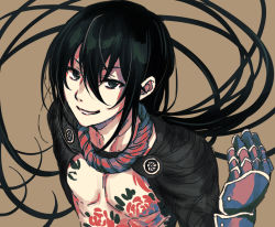 Rule 34 | 1boy, black eyes, black hair, brown background, chest tattoo, eyebrows hidden by hair, fate/grand order, fate (series), floating hair, flower tattoo, gauntlets, hair between eyes, hand up, highres, long hair, looking at viewer, male focus, parted lips, shrug (clothing), simple background, smile, solo, tachitsu teto, tattoo, upper body, very long hair, yan qing (fate)