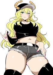 Rule 34 | 10s, 1girl, absurdres, black thighhighs, blonde hair, blue eyes, blush, breasts, cleavage, clothes lift, curvy, dragon girl, dragon horns, green eyes, heterochromia, highres, horns, kobayashi-san chi no maidragon, large breasts, long hair, looking at viewer, lucoa (maidragon), midriff, nail polish, navel, skindentation, smile, solo, thick thighs, thighhighs, thighs, very long hair, wide hips