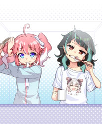 Rule 34 | 2girls, nanashi inc., ahoge, alternate costume, black hair, blue hair, bow, brushing hair, brushing teeth, character print, closed mouth, commentary request, cup, demon girl, demon horns, flat chest, hair bow, hair tie in mouth, heebee, highres, holding, holding cup, holding toothbrush, honey strap, horns, kisaki anko, looking at viewer, messy hair, mirror, mouth hold, mug, multicolored hair, multiple girls, pajamas, pink hair, red eyes, shirt, shishio chris, short sleeves, sugar lyric, suou patra, t-shirt, toothbrush, two-tone hair, two side up, upper body, v ap art, virtual youtuber, white bow, white hair