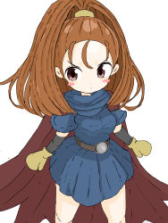 Rule 34 | 1girl, absurdres, barbara (dq6), black sleeves, blue dress, blush stickers, breasts, brown cape, brown eyes, brown hair, brown mittens, cape, closed mouth, commentary, detached sleeves, dragon quest, dragon quest vi, dress, high ponytail, highres, long hair, long sleeves, medium breasts, mittens, ponytail, rururu (pyrk8855), short sleeves, simple background, solo, v-shaped eyebrows, white background