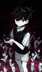 Rule 34 | 1boy, black eyes, black hair, black sweater vest, bright pupils, closed mouth, collared shirt, expressionless, heterochromia, highres, kneehighs, looking at viewer, male focus, omori, red eyes, shirt, short hair, short sleeves, shorts, socks, solo, sunny (omori), sweater vest, white pupils, white shirt, yutsu
