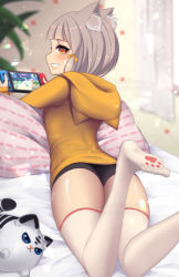 Rule 34 | 1girl, animal ears, ass, blush, breasts, cat ears, dromarch (xenoblade), facial mark, feet, grin, highres, hood, hoodie, indoors, kamaniki, long sleeves, looking back, lying, nia (xenoblade), nintendo switch, on bed, on stomach, paw print, paw print pattern, paw print soles, short hair, silver hair, small breasts, smile, solo, spoilers, stuffed animal, stuffed toy, thighs, watermark, xenoblade chronicles (series), xenoblade chronicles 2, yellow eyes, yellow hoodie