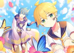 Rule 34 | aqua eyes, barcode, barcode tattoo, bass clef, black collar, blonde hair, blue eyes, blue hair, blue robe, blue sky, bug, butterfly, collar, commentary, crop top, expressionless, facial tattoo, falling petals, flower, hands on own knees, headphones, insect, kagamine len, kaito (vocaloid), leaning forward, looking at viewer, male focus, pants, parted lips, petals, pocket watch, project diva (series), purple flower, purple scarf, red flower, robe, sailor collar, scarf, school uniform, shirt, short ponytail, short sleeves, sinaooo, sky, squatting, standing, strange dark (module), symbol-only commentary, tattoo, violet (module), vocaloid, watch, white shirt, yellow flower