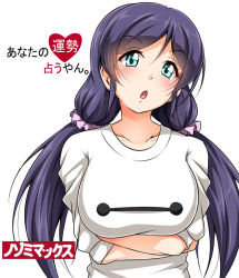 Rule 34 | 1girl, :o, baymax, baymax (cosplay), big hero 6, blush, cosplay, green eyes, long hair, looking at viewer, love live!, love live! school idol project, purple hair, simple background, solo, tjk, tojo nozomi, translation request, twintails, upper body, white background, yopparai oni