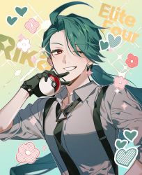 Rule 34 | 1girl, ahoge, androgynous, black gloves, black necktie, bright pupils, character name, collared shirt, commentary request, creatures (company), ear piercing, earrings, eyes visible through hair, flower (symbol), game freak, glint, gloves, gradient background, green hair, grey shirt, grin, hand up, heart, highres, holding, holding poke ball, jewelry, kitsune (ly howe), korean commentary, long hair, looking at viewer, low ponytail, necktie, nintendo, one eye closed, piercing, poke ball, pokemon, pokemon sv, red eyes, rika (pokemon), shirt, smile, solo, sparkle, suspenders, swept bangs, two-tone background, upper body, white pupils