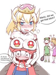 Rule 34 | 2boys, 2girls, blonde hair, blood, blue eyes, blush, borrowed character, bowsette, bracelet, breast rest, breasts, breasts on head, censored, censored nipples, clothes pull, collar, crown, dress pull, earrings, english text, fang, forked eyebrows, jewelry, large breasts, luigi, mario, mario (series), mario tennis, mario tennis aces, multiple boys, multiple girls, new super mario bros. u deluxe, nintendo, nosebleed, novelty censor, open mouth, pointy ears, ponytail, princess peach, racket, simple background, speech bubble, spiked bracelet, spiked collar, spikes, sportswear, super crown, tennis peach, tennis racket, tennis uniform, tfask15, white background