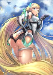 Rule 34 | 1girl, angela balzac, artist request, ass, bare shoulders, blonde hair, blue eyes, breasts, elbow gloves, from behind, from below, gloves, hair ornament, headgear, highres, hip focus, huge ass, leotard, long hair, looking at viewer, looking down, low twintails, rakuen tsuihou, shiny clothes, shiny skin, smile, solo, thick thighs, thigh strap, thighs, thong leotard, twintails, very long hair, wide hips