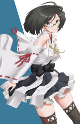 Rule 34 | 1girl, bare shoulders, black eyes, black hair, black thighhighs, bow, detached sleeves, frilled skirt, frills, from side, green-framed eyewear, highres, kantai collection, kirishima (kancolle), looking at viewer, nontraditional miko, semi-rimless eyewear, skirt, smile, solo, t2r, thighhighs, wide sleeves
