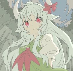 Rule 34 | 1girl, bamboo, bamboo forest, banana takemura, bow, cloud, commentary, dress, ex-keine, forest, green dress, green hair, highres, horn bow, horns, kamishirasawa keine, long hair, looking at viewer, nature, night, outdoors, puffy short sleeves, puffy sleeves, red bow, red eyes, red neckwear, shirt, short sleeves, solo, touhou, upper body, white shirt