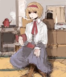 Rule 34 | 1girl, alice margatroid, bad id, bad pixiv id, book, cigarette, female focus, highres, indoors, open book, reading, sitting, sketch, smoking, solo, teapot, touhou, un-known (ninesix)