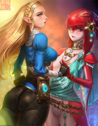 Rule 34 | 2girls, ass, black legwear, black pants, blonde hair, blue eyes, blush, braid, breasts, collarbone, colored skin, fins, fish girl, french braid, gem, hair ornament, hairclip, huge ass, interlocked fingers, jewelry, limgae, lipstick, long hair, looking at viewer, looking back, makeup, medium breasts, mipha, multicolored skin, multiple girls, nintendo, nose, pants, pantyhose, pantylines, pink lips, pointy ears, princess zelda, red lips, red skin, small breasts, smile, the legend of zelda, the legend of zelda: breath of the wild, thick eyebrows, yellow eyes, zora