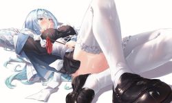 Rule 34 | 1girl, black dress, blue eyes, blue hair, blush, brown footwear, corset, dress, frilled thighhighs, frills, hand up, headband, holding, holding stick, jacket, long hair, long sleeves, lying, mame (hyeon5117), on back, open clothes, open jacket, original, print jacket, shoes, simple background, solo, stick, thighhighs, wet, white background, white headband, white jacket, white thighhighs
