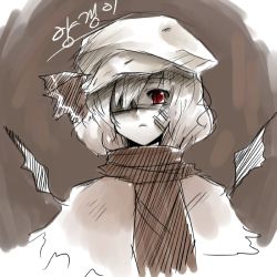 Rule 34 | 1girl, brown background, brown theme, female focus, frown, korean text, lowres, monochrome, remilia scarlet, scarf, solo, spot color, touhou