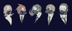 Rule 34 | 1girl, 4boys, alternate costume, black background, blonde hair, blue hair, brother and sister, brothers, commentary request, curly eyebrows, formal, gas mask, green hair, hair over one eye, mask, matsuda (louol), multiple boys, necktie, one eye covered, one piece, pink hair, red hair, sanji (one piece), short hair, siblings, suit, vinsmoke ichiji, vinsmoke niji, vinsmoke reiju, vinsmoke yonji