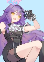 Rule 34 | 1girl, ascot, black gloves, black shorts, black thighhighs, breasts, cosplay, dmr pic, gloves, hair between eyes, highres, holding, holding scissors, holding weapon, honkai (series), honkai impact 3rd, lio fotia, lio fotia (cosplay), long hair, looking at viewer, open mouth, promare, purple hair, scissors, shorts, simple background, single bare shoulder, single thighhigh, sirin, small breasts, solo, thighhighs, weapon, yellow eyes