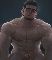 Rule 34 | 1boy, abs, bara, beard, blush, completely nude, cowboy shot, dopey (dopq), erection, facial hair, groin, head tilt, highres, large pectorals, looking at viewer, male focus, male pubic hair, mature male, muscular, muscular male, navel, navel hair, nipples, nude, original, pectorals, penis, pubic hair, short hair, solo, stomach, uncensored