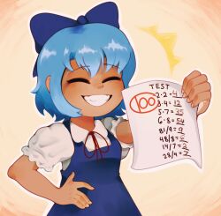 Rule 34 | 1girl, blue bow, blue dress, blue hair, bow, breasts, cirno, clem (calmeremerald), closed eyes, collared shirt, commentary, cowboy shot, dark-skinned female, dark skin, dress, english commentary, english text, academic test, facing viewer, frilled sleeves, frills, hair bow, hand on own hip, happy, holding, holding paper, medium hair, neck ribbon, no wings, open mouth, paper, pinafore dress, puffy short sleeves, puffy sleeves, red ribbon, ribbon, shirt, short sleeves, simple background, sleeveless, sleeveless dress, small breasts, smile, solo, teeth, academic test, touhou, white shirt, yellow background