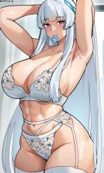 Rule 34 | 1girl, abs, absurdres, alternate breast size, armpits, arms up, blue archive, blunt bangs, bra, breasts, cameltoe, closed mouth, collarbone, commentary, condom, condom wrapper, cowboy shot, cromwellb, curtains, floral print, garter belt, grey hair, headgear, highres, huge breasts, indoors, long hair, looking at viewer, mouth hold, navel, noa (blue archive), panties, purple eyes, solo, thick thighs, thighhighs, thighs, toned, twitter username, underwear, underwear only, very long hair, white bra, white panties, white thighhighs, wide hips