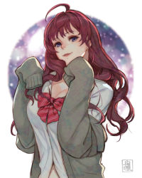 Rule 34 | 1girl, ahoge, blue eyes, bow, bowtie, breasts, brown hair, cleavage, commentary request, earrings, gamerag, grey jacket, hands up, ichinose shiki, idolmaster, idolmaster cinderella girls, jacket, jewelry, large breasts, lips, long hair, long sleeves, looking at viewer, off shoulder, parted lips, purple eyes, red bow, red bowtie, red hair, shirt, signature, sleeves past fingers, sleeves past wrists, smile, solo, upper body, wavy hair, white shirt