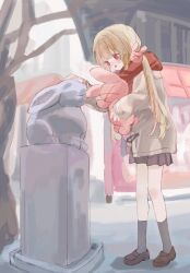 Rule 34 | 1girl, absurdres, bare tree, black skirt, black socks, blonde hair, blush, brown coat, brown footwear, chimoshi (hitsuji tonakai), coat, full body, highres, holding, holding stuffed toy, kneehighs, loafers, long hair, long sleeves, natori sana, new year, open mouth, outdoors, petting, pleated skirt, red eyes, red scarf, road, sana channel, scarf, shoes, skirt, socks, solo, standing, statue, street, stuffed animal, stuffed rabbit, stuffed toy, tree, virtual youtuber, winter, winter clothes