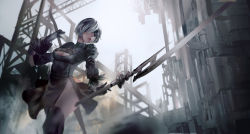Rule 34 | 1girl, black dress, black gloves, black thighhighs, blindfold, breasts, cleavage, dress, feather-trimmed sleeves, gloves, highres, holding, holding sword, holding weapon, mole, mole under mouth, nier (series), nier:automata, puffy sleeves, shenhaixun, short hair, silver hair, solo, sword, thighhighs, weapon, 2b (nier:automata)