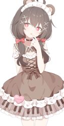 Rule 34 | 1girl, absurdres, animal ears, black dress, black hair, bow, dress, frilled dress, frills, hair bow, hair ornament, heart, heart-shaped pupils, highres, long hair, low twintails, maid headdress, open mouth, original, red bow, red eyes, simple background, solo, standing, symbol-shaped pupils, twintails, urotsuki (2013.04), white background, x hair ornament