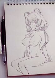 Rule 34 | 1girl, animal ears, blush, breasts, choker, closed mouth, commentary request, completely nude, corrupted twitter file, hair ornament, hand on own chest, highres, inui toko, large breasts, looking at viewer, low twintails, monochrome, navel, nijisanji, nipples, nude, pen, sitting, solo, traditional media, tsukareta san, twintails, virtual youtuber