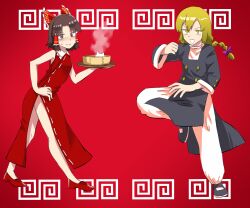 Rule 34 | 1boy, 1girl, adapted costume, bamboo steamer, baozi, benikurage (cookie), black coat, black footwear, blonde hair, blush, bow, braid, brown eyes, brown hair, buttons, clenched hand, coat, commentary request, cookie (touhou), dress, flat chest, flats, food, foot up, frilled bow, frilled hair tubes, frills, full body, genderswap, genderswap (ftm), hair bow, hair tubes, hakurei reimu, hand on own hip, highres, holding, holding tray, kirisame marisa, looking at viewer, meandros, medium bangs, medium hair, open mouth, pants, parted bangs, purple bow, red background, red bow, red dress, red footwear, rei (cookie), rikadai, short hair, side braid, single braid, sleeveless, sleeveless dress, smile, touhou, trap, tray, v-shaped eyebrows, vocaloid, walking, white pants, yellow eyes, yi er fan club (vocaloid)