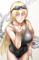 Rule 34 | 1girl, big hair, bikini, blonde hair, blowing kiss, breasts, cleavage, competition swimsuit, covered navel, hand on own hip, jujutsu kaisen, large breasts, long hair, one-piece swimsuit, one eye closed, parted lips, seductive smile, smile, solo, swimsuit, thick thighs, thighs, tsukumo yuki (jujutsu kaisen), wink