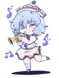 Rule 34 | 1girl, beamed eighth notes, blue eyes, blue footwear, blue hair, chahan (fried rice0614), eighth note, frilled hat, frills, hat, hat ornament, highres, holding, holding instrument, instrument, long sleeves, looking at viewer, merlin prismriver, music, musical note, one-hour drawing challenge, one eye closed, pink hat, pink skirt, playing instrument, simple background, skirt, solo, touhou, trumpet, white background, white legwear