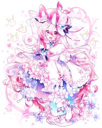 Rule 34 | 1girl, :d, boots, bow, brooch, creature, detached collar, dress, elsword, flower, full body, g ieep, hat, highres, jewelry, juliet sleeves, laby (elsword), long hair, long sleeves, looking at viewer, open mouth, pink eyes, pink hair, pink theme, puffy sleeves, sharp teeth, shining romantica (elsword), smile, solo, teeth, white bow, white dress, white footwear, white hat