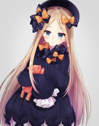 Rule 34 | 1girl, abigail williams (fate), amu (mokopopo), black bow, black dress, black hat, blonde hair, bloomers, blue eyes, bow, bug, butterfly, closed mouth, commentary request, dress, fate/grand order, fate (series), forehead, grey background, hair bow, hat, highres, hugging object, insect, long hair, long sleeves, looking at viewer, orange bow, parted bangs, polka dot, polka dot bow, sleeves past wrists, smile, solo, stuffed animal, stuffed toy, teddy bear, underwear, very long hair, white bloomers