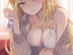 Rule 34 | 1girl, artist name, blonde hair, blush, bra, breasts, brown shirt, catchphrase, closed mouth, collared shirt, commentary, earrings, english commentary, highres, hololive, hololive indonesia, jewelry, kaela kovalskia, large breasts, long hair, long sleeves, looking at viewer, no panties, open clothes, open shirt, pickaxe, red eyes, ribbed shirt, shirt, sitting, solo, sunset skyline, underwear, very long hair, virtual youtuber, white bra