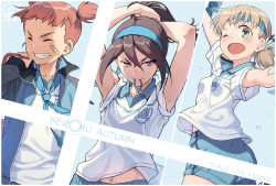 Rule 34 | 10s, 3girls, ;d, adjusting hair, aki (girls und panzer), arms up, bad id, bad pixiv id, bandaid, bandaid on face, blue hairband, blue headband, blue neckwear, blue shorts, brown eyes, brown hair, closed eyes, collared shirt, copyright name, emblem, english text, from behind, girls und panzer, green eyes, grin, gym uniform, hair tie, hairband, half-closed eyes, headband, holding, jacket, keizoku (emblem), light brown hair, looking at viewer, looking back, mika (girls und panzer), mikko (girls und panzer), mouth hold, multiple girls, navel, one eye closed, open mouth, over shoulder, pairan, pom pom (cheerleading), red hair, shirt, short hair, short ponytail, short sleeves, short twintails, shorts, single vertical stripe, sleeves rolled up, smile, track jacket, twintails, v-shaped eyebrows, white shirt