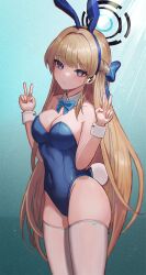 Rule 34 | 1girl, animal ears, bare shoulders, blonde hair, blue archive, blue bow, blue eyes, blue hairband, blue leotard, bow, bowtie, braid, breasts, closed mouth, detached collar, double v, earpiece, fake animal ears, hairband, halo, highleg, highleg leotard, leotard, long hair, medium breasts, moth1, official alternate costume, official alternate hairstyle, playboy bunny, rabbit ears, rabbit tail, solo, tail, thighhighs, thighs, toki (blue archive), toki (bunny) (blue archive), v, very long hair, white thighhighs, wrist cuffs