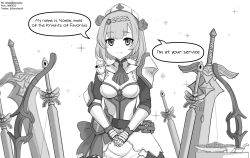 Rule 34 | 1girl, alph (sancheck), armor, blunt bangs, blush, boobplate, bow (weapon), braid, breastplate, combat maid, crossbow, english text, gacha, genshin impact, greyscale, hair ornament, highres, looking at viewer, maid, monochrome, noelle (genshin impact), short hair, simple background, smile, solo, sparkle, speech bubble, sword, weapon, white background
