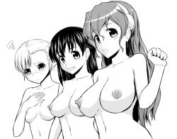 Rule 34 | 10s, 3girls, :o, blush, breast envy, breasts, bust chart, chart, earmuffs, embarrassed, fin e ld si laffinty, greyscale, grin, kyouno madoka, large breasts, lineup, long hair, looking at viewer, monochrome, monochrome, muginami, multiple girls, navel, nipples, puffy nipples, rinne no lagrange, sei kazuyoshi, short hair, smile, topless