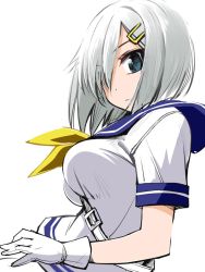 Rule 34 | 10s, 1girl, between breasts, blue eyes, blush, breasts, gloves, hair ornament, hair over one eye, hairclip, hamakaze (kancolle), kantai collection, large breasts, looking at viewer, personification, sasayuki, school uniform, serafuku, short hair, silver hair, simple background, solo, strap between breasts, white background, white gloves