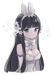 Rule 34 | 1girl, :/, animal ear headwear, animal ears, armlet, bare arms, bare shoulders, black hair, blue eyes, blunt bangs, blush, bow, breasts, cleavage, closed mouth, collar, detached collar, diamond (shape), fake animal ears, flower, frilled collar, frills, headband, high collar, jewelry, leotard, long hair, looking at viewer, medium breasts, myaco9, necklace, original, playboy bunny, rabbit ears, signature, solo, upper body