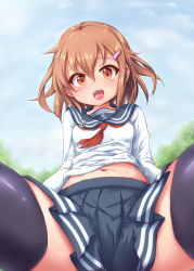 Rule 34 | 10s, 1girl, black thighhighs, breasts, brown eyes, brown hair, chigusa, cloud, cloudy sky, day, fang, hair ornament, hairclip, highres, ikazuchi (kancolle), kantai collection, long sleeves, looking at viewer, navel, neckerchief, open mouth, outdoors, pleated skirt, red neckerchief, school uniform, serafuku, short hair, sitting, skirt, skirt drape, sky, small breasts, smile, solo, spread legs, teeth, thighhighs, zettai ryouiki