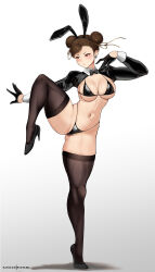 Rule 34 | 1girl, absurdres, animal ears, bikini, black bikini, black footwear, black gloves, black thighhighs, black tights, blush, breasts, brown eyes, brown hair, capcom, chun-li, cleavage, collar, double bun, earrings, fake animal ears, full body, gloves, grey background, hair bun, half gloves, high heels, highres, hioyami, jewelry, large breasts, long sleeves, navel, rabbit ears, simple background, solo, standing, standing on one leg, street fighter, swimsuit, thick thighs, thighhighs, thighs, wrist cuffs