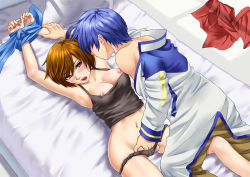 Rule 34 | 1boy, 1girl, arm grab, bad id, bad pixiv id, bdsm, bed, blue hair, blush, breasts, brown eyes, brown hair, fingering, hamura mayu, hetero, kaito (vocaloid), large breasts, lying, meiko (vocaloid), nipples, open mouth, panties, short hair, underwear, vocaloid